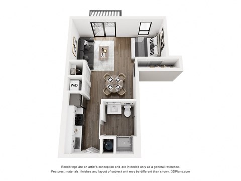 A 3D floor plan of a small apartment with a kitchen, living room, and bathroom.